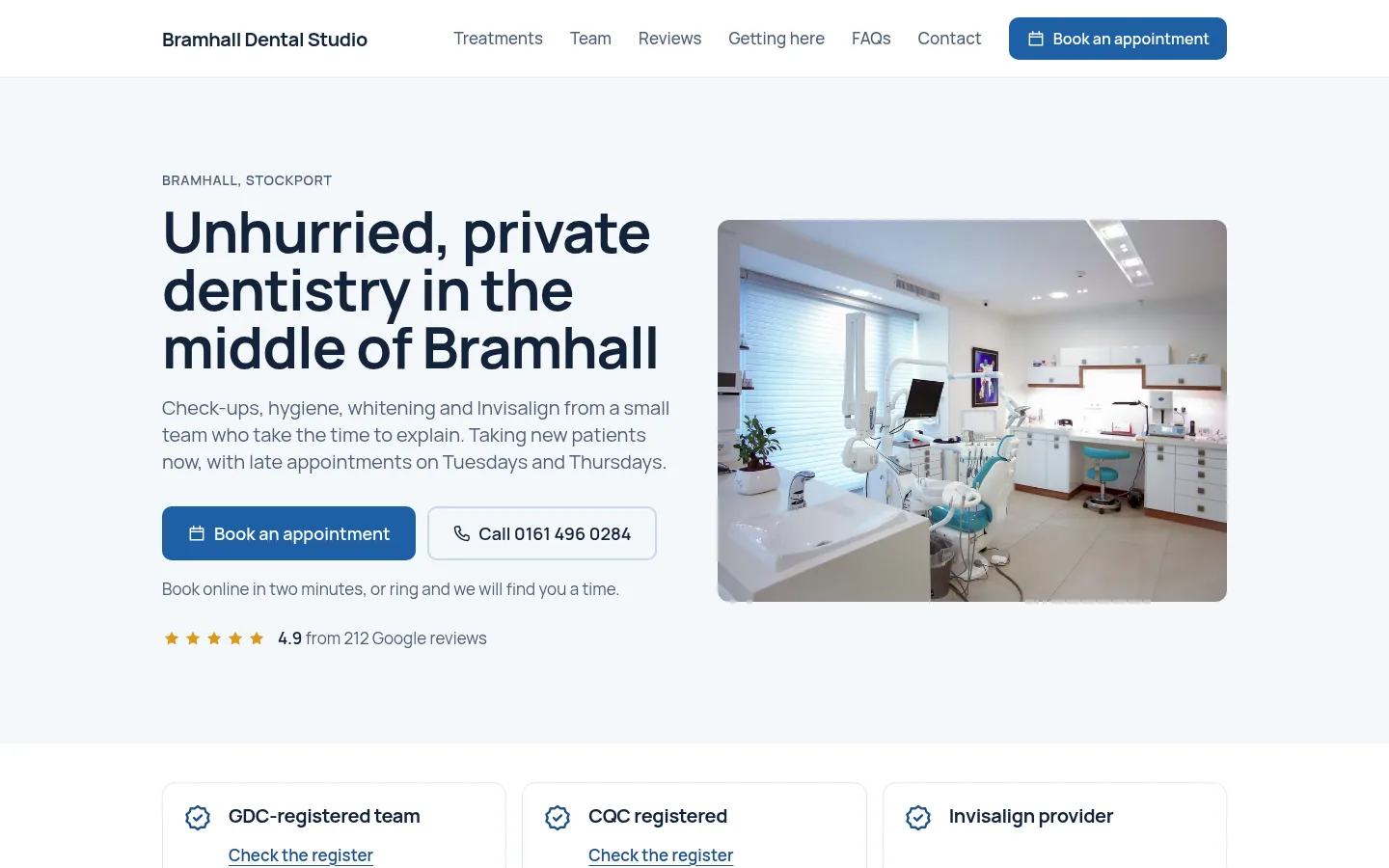 The Bramhall Dental Studio demo website, on a laptop